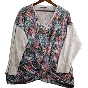 Zac & Rachel Womens 1X colorful pattern V-Neck Knit Top Beige Sleeves